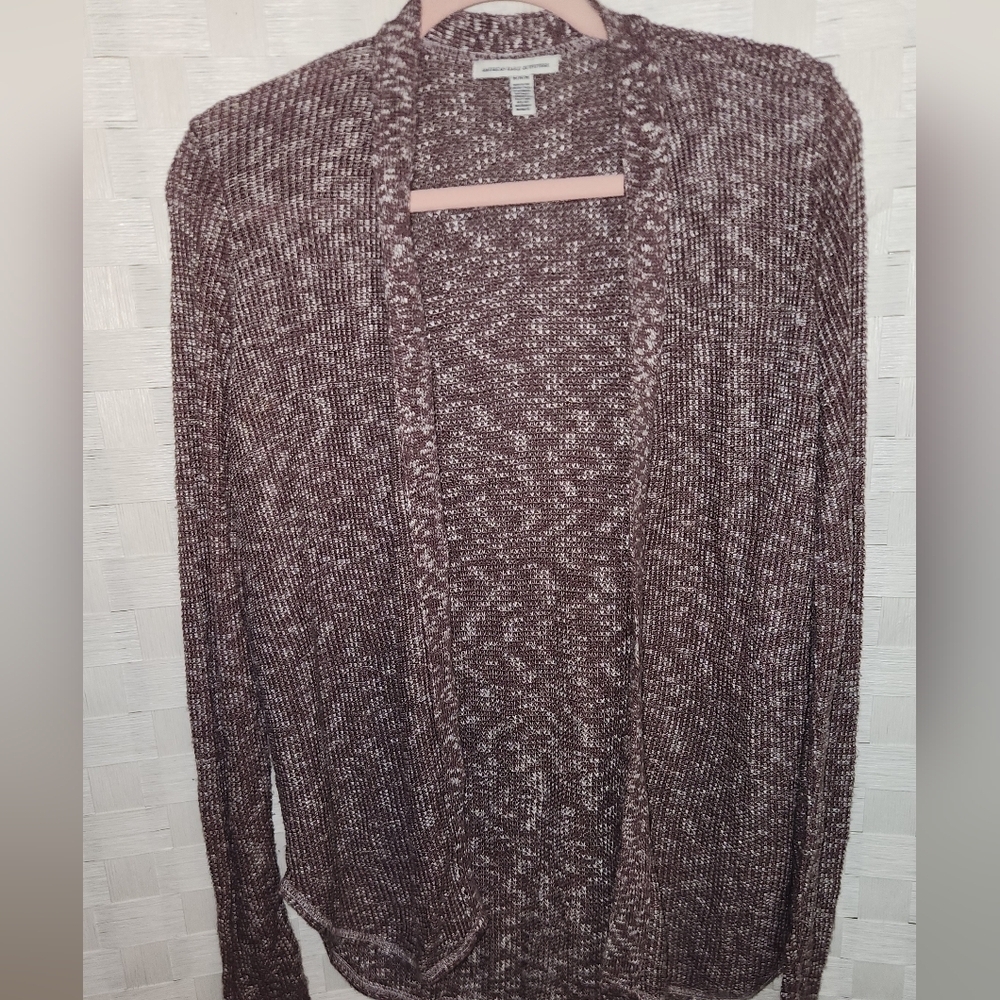 Talbots Marled Burgundy and White Open-Front Cardigan